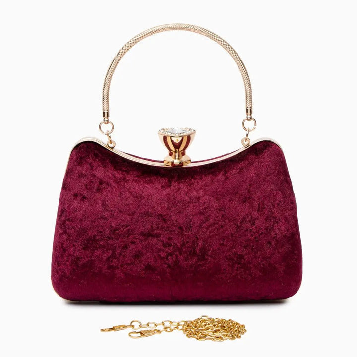 Sara | Wine Red Velvet Clutch with Decorative Closure & Metal Handle – Elegant Evening Bag for Women