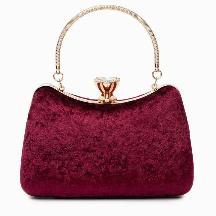 Sara | Wine Red Velvet Clutch with Decorative Closure & Metal Handle – Elegant Evening Bag for Women
